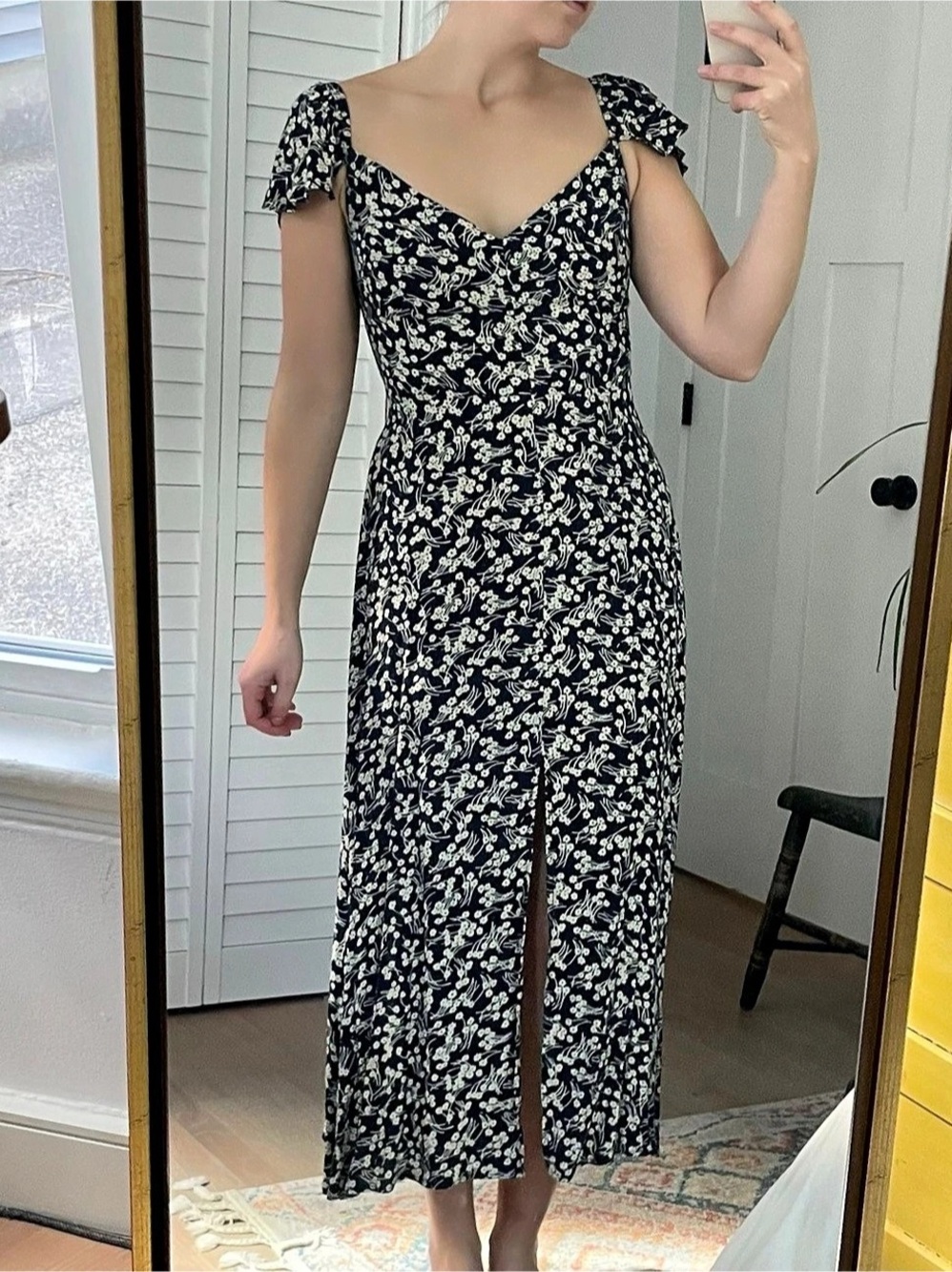 Reformation Baxley Dress Floral Sweetheart Neck Midi Dress Blue & Cream Size 4